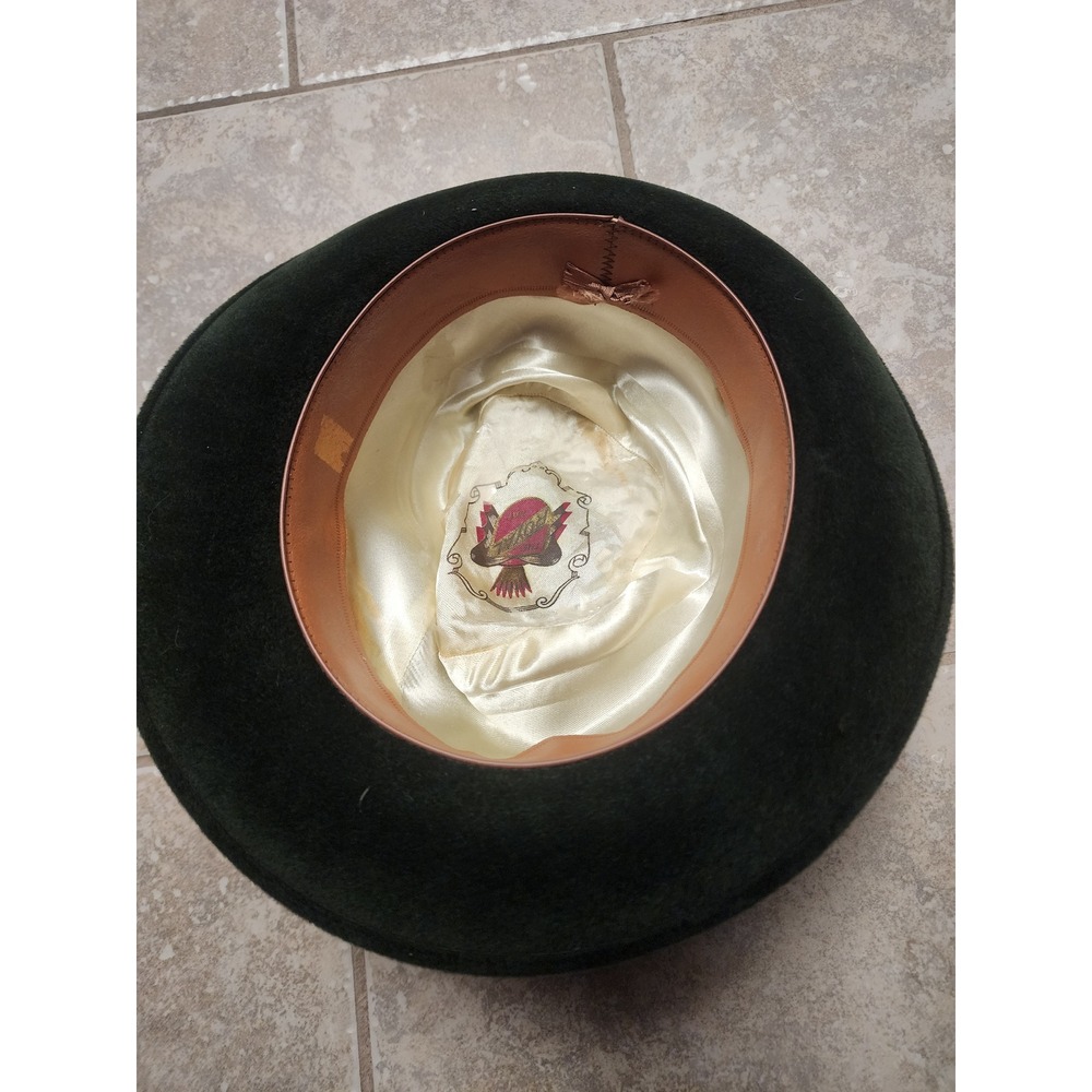 Vintage Tyrolean Fedora Hat Forest Green Velour Alpine Style Rope Trim Band - Picture 8 of 8